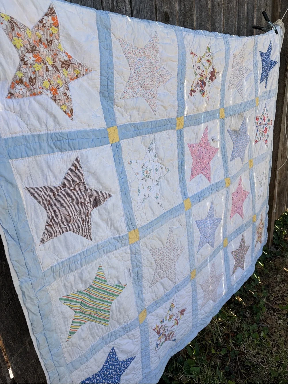 Antique Handmade Patchwork Star Quilt in Blue, Pink, & Yellow-62x78”